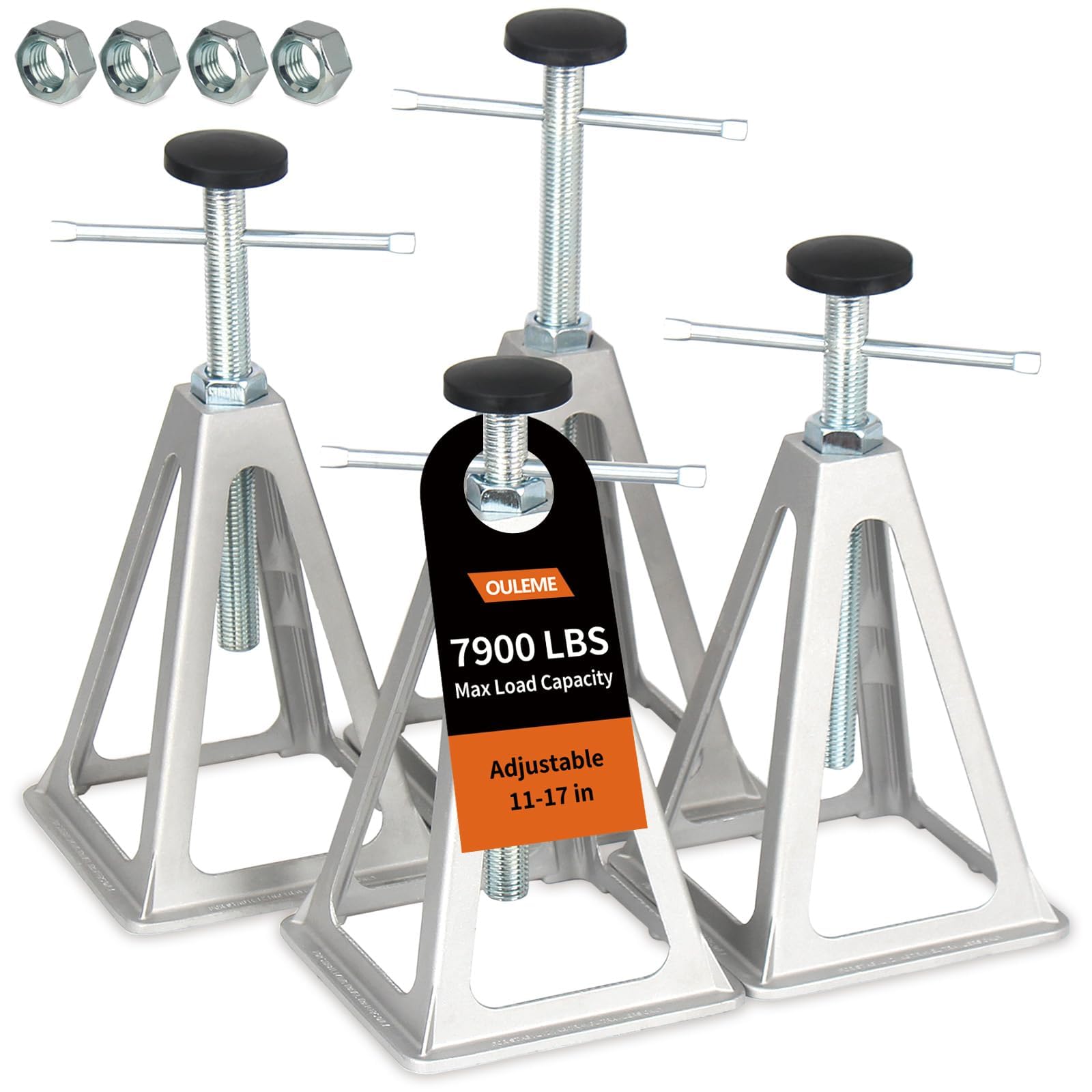 OULEME front view of four stack jacks showing compact kit and included nuts for easy setup