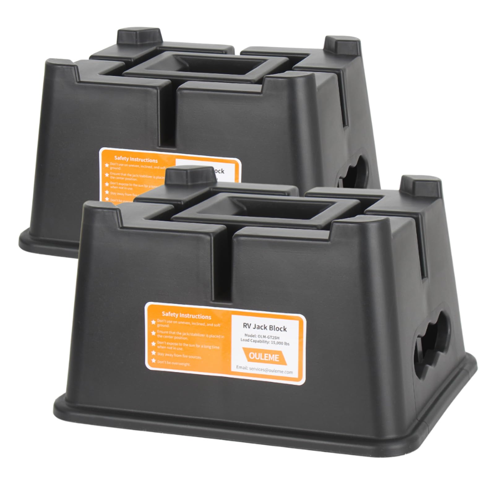 OULEME front view of two jack blocks showing dimensions and durable design, secure support