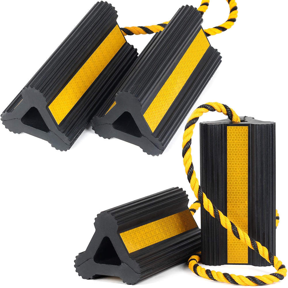 OULEME front view of wheel chocks showing solid rubber and rope for durability