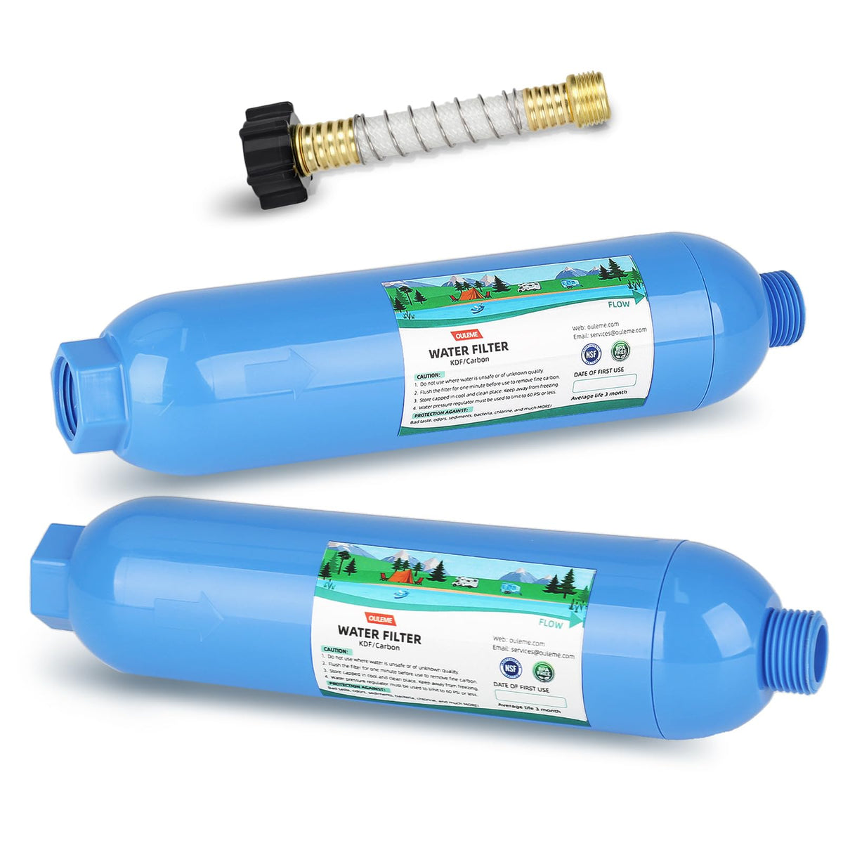 OULEME front view of inline filter with hose protector showing compact profile