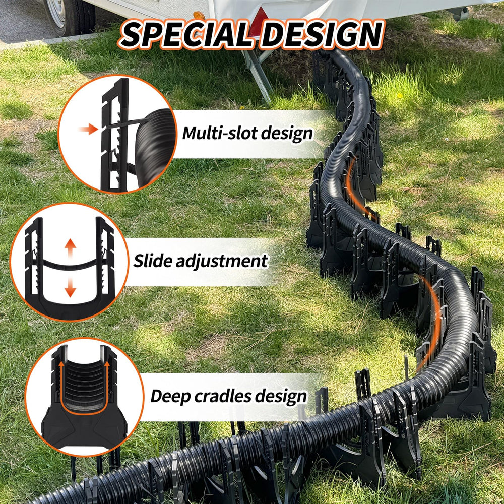 OULEME installed on a campsite keeping RV sewer hose elevated and protected