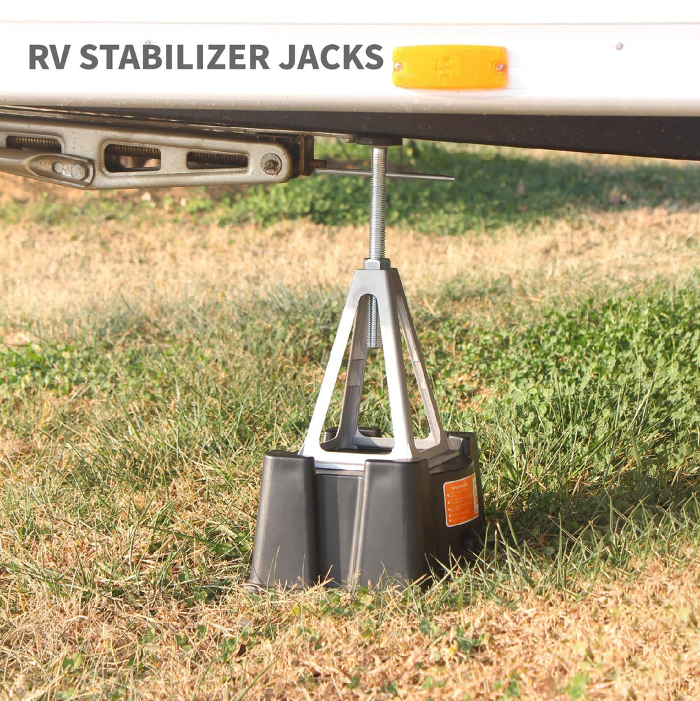 OULEME jacks at a campsite with trailer illustrating stable, quiet overnight parking