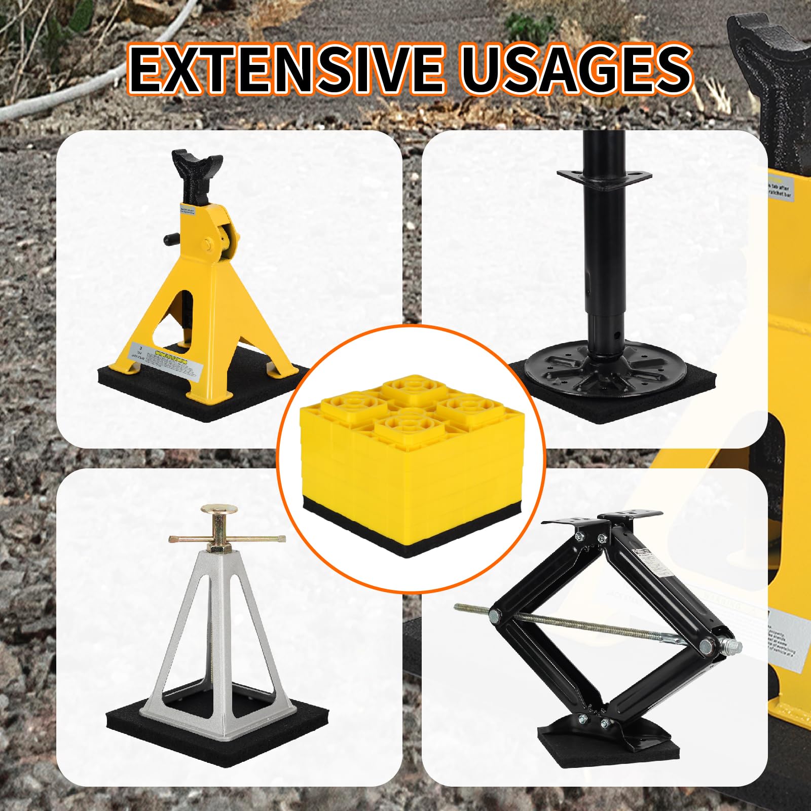 OULEME pad placed under RV jack providing stable non-slip support