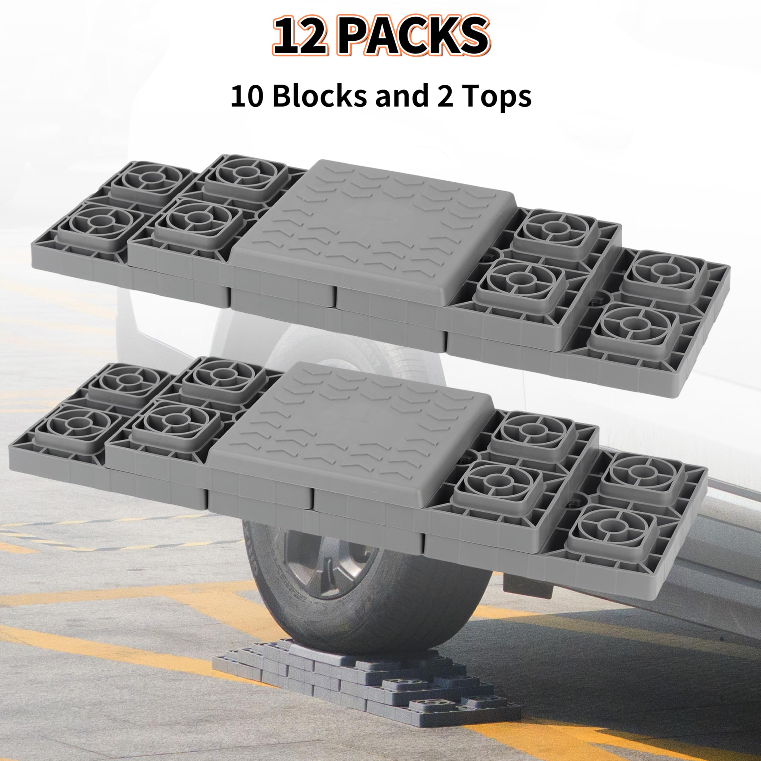 OULEME stacked blocks under an RV tire providing stable, level support