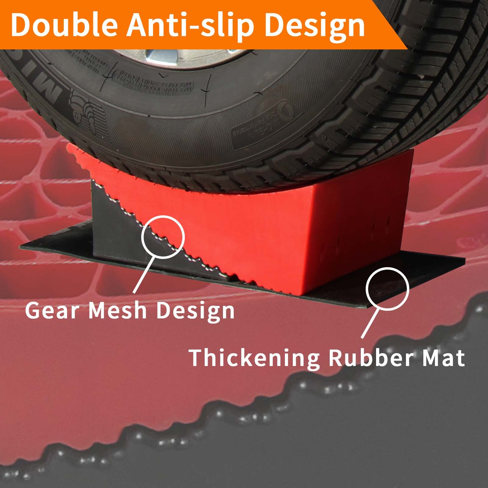 OULEME wheel chock engaged behind a trailer tire adding safety during leveling