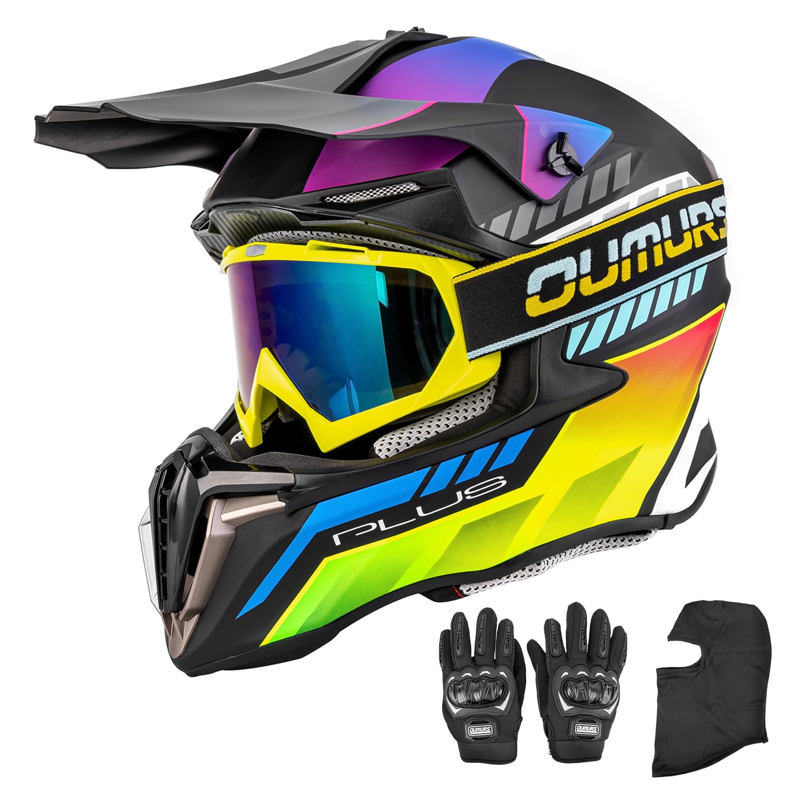 Oumurs front view helmet showing full-face coverage and DOT protection benefits