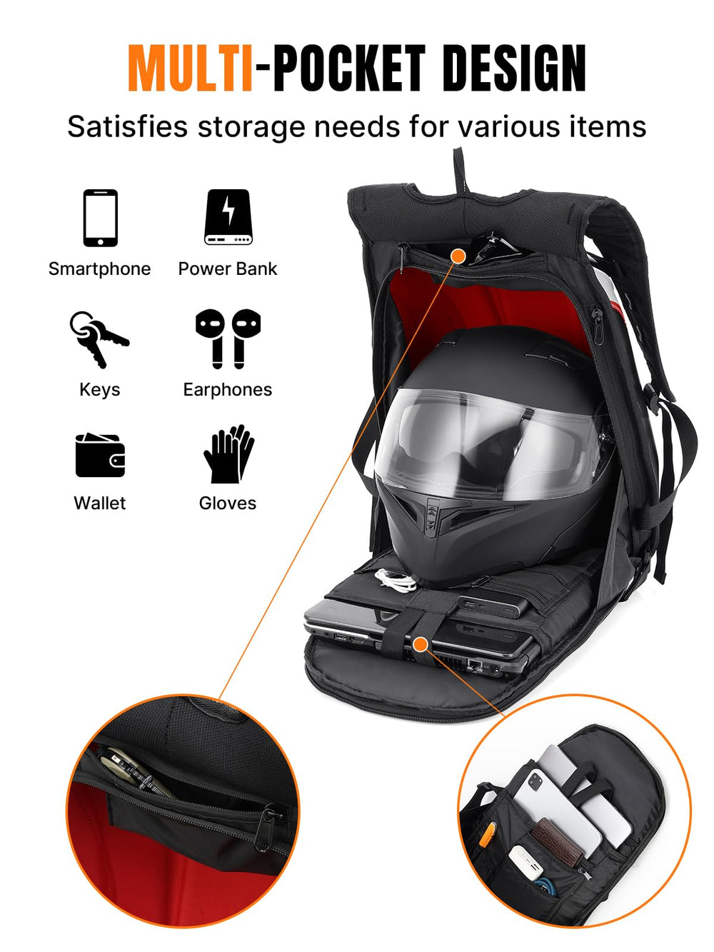 Oumurs open backpack with helmet and 14-inch laptop organized securely
