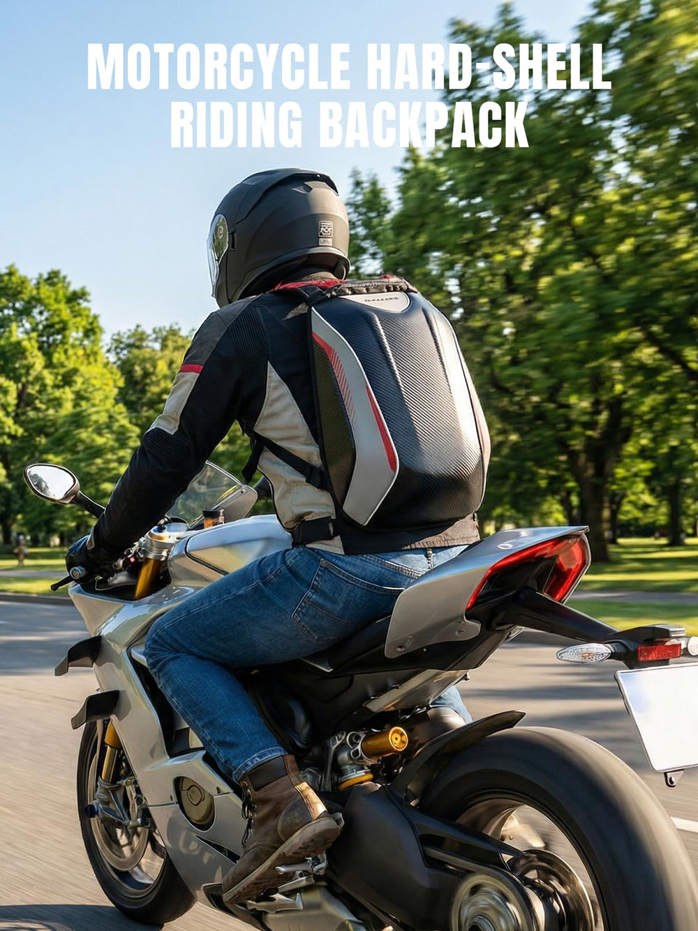 Oumurs backpack beside helmet illustrating true-to-life size and capacity