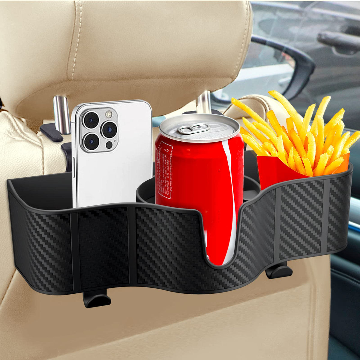 OUSHASAA front view mounted on seatback showing organized storage and cup holder benefit
