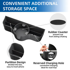 OUSHASAA storage compartment open displaying organized snacks and phone