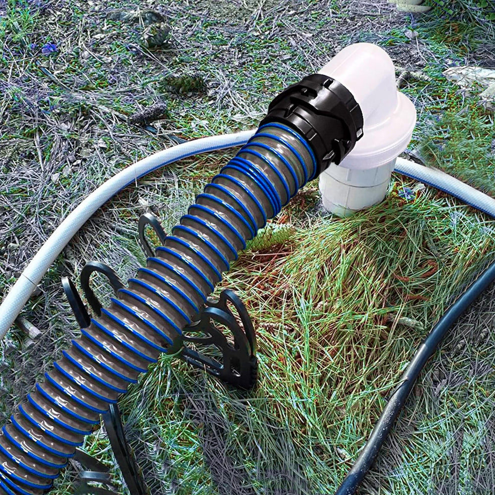 OUTPRIZE hose next to RV bumper showing size comparison and space-saving design
