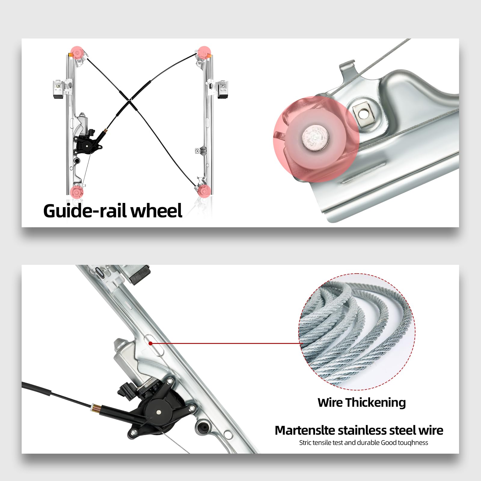 OVANOH regulator steel cable and guide detail for smoother window travel