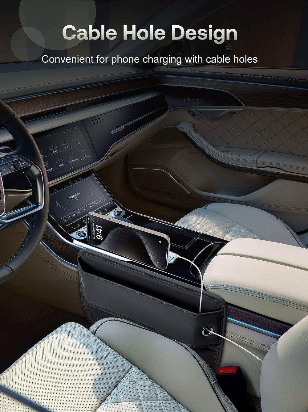 Owntow installed between seat and console keeping items from falling