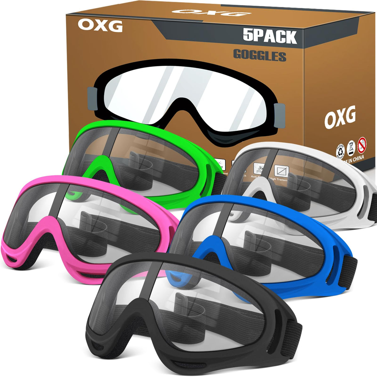 OXG front view of multicolor goggles showing protective coverage and visibility