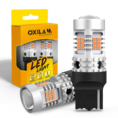 OXILAM front view of two 7440 amber bulbs showing packaging and bright output benefit