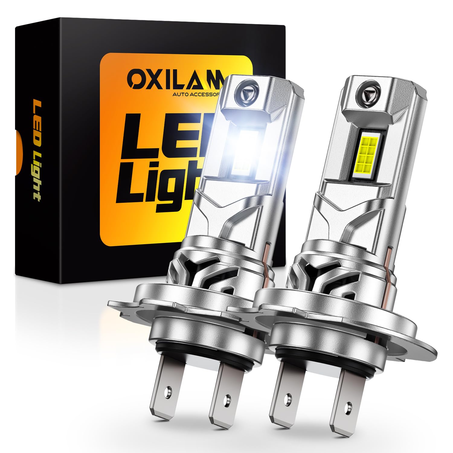 OXILAM front view showing two H7 bulbs and packaging for quick identification and confidence