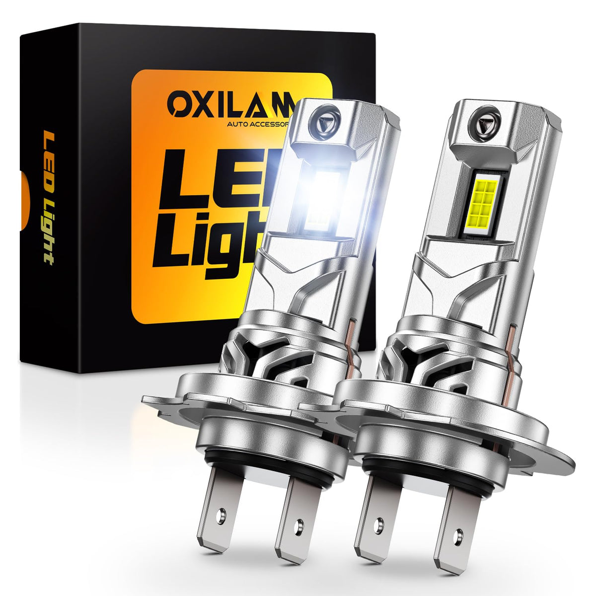 OXILAM front view showing two H7 bulbs and packaging for quick identification and confidence