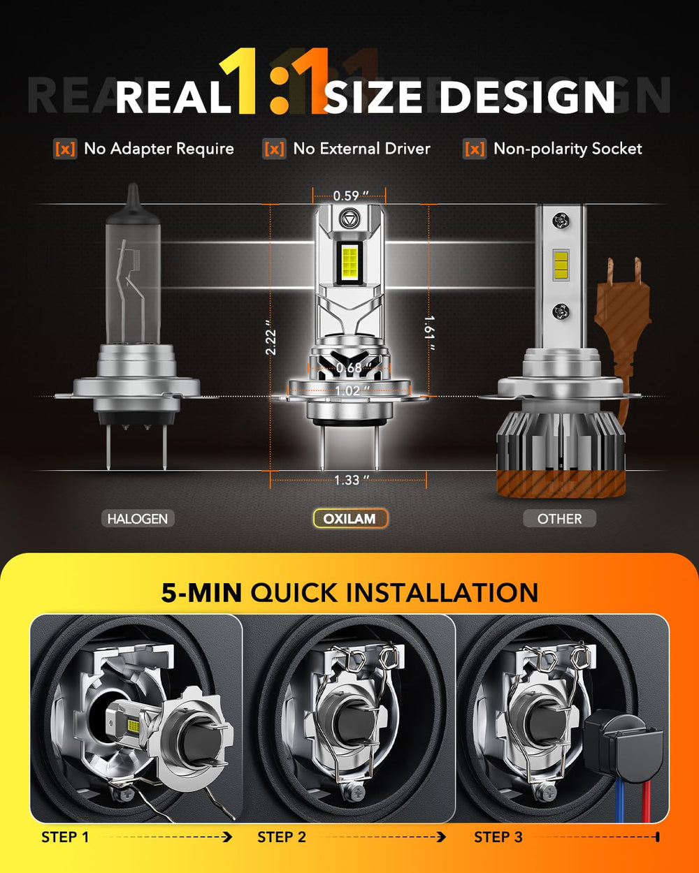 OXILAM H7 installed in a headlight demonstrating plug-and-play benefit