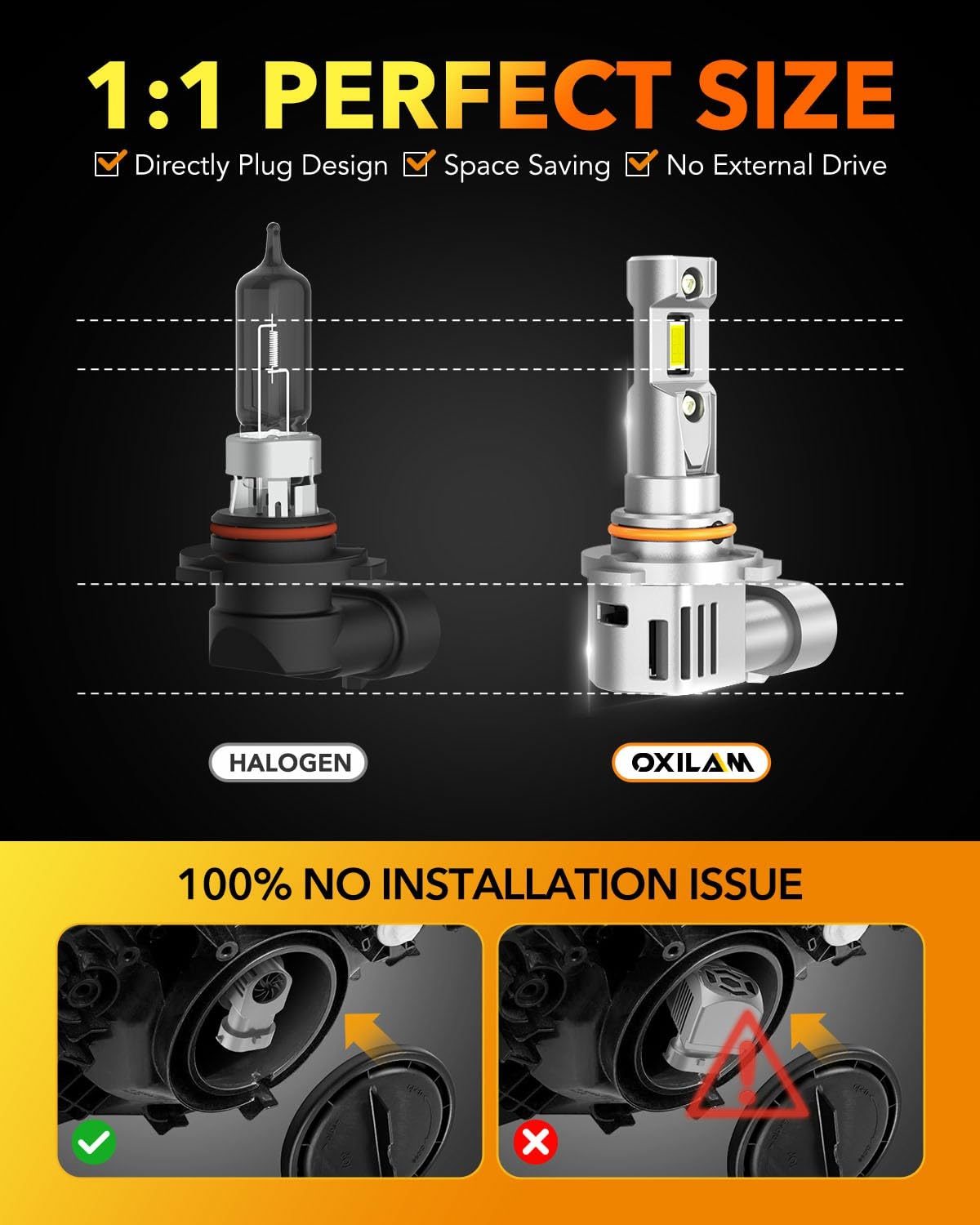 OXILAM bulb held in hand for size comparison and easy installation