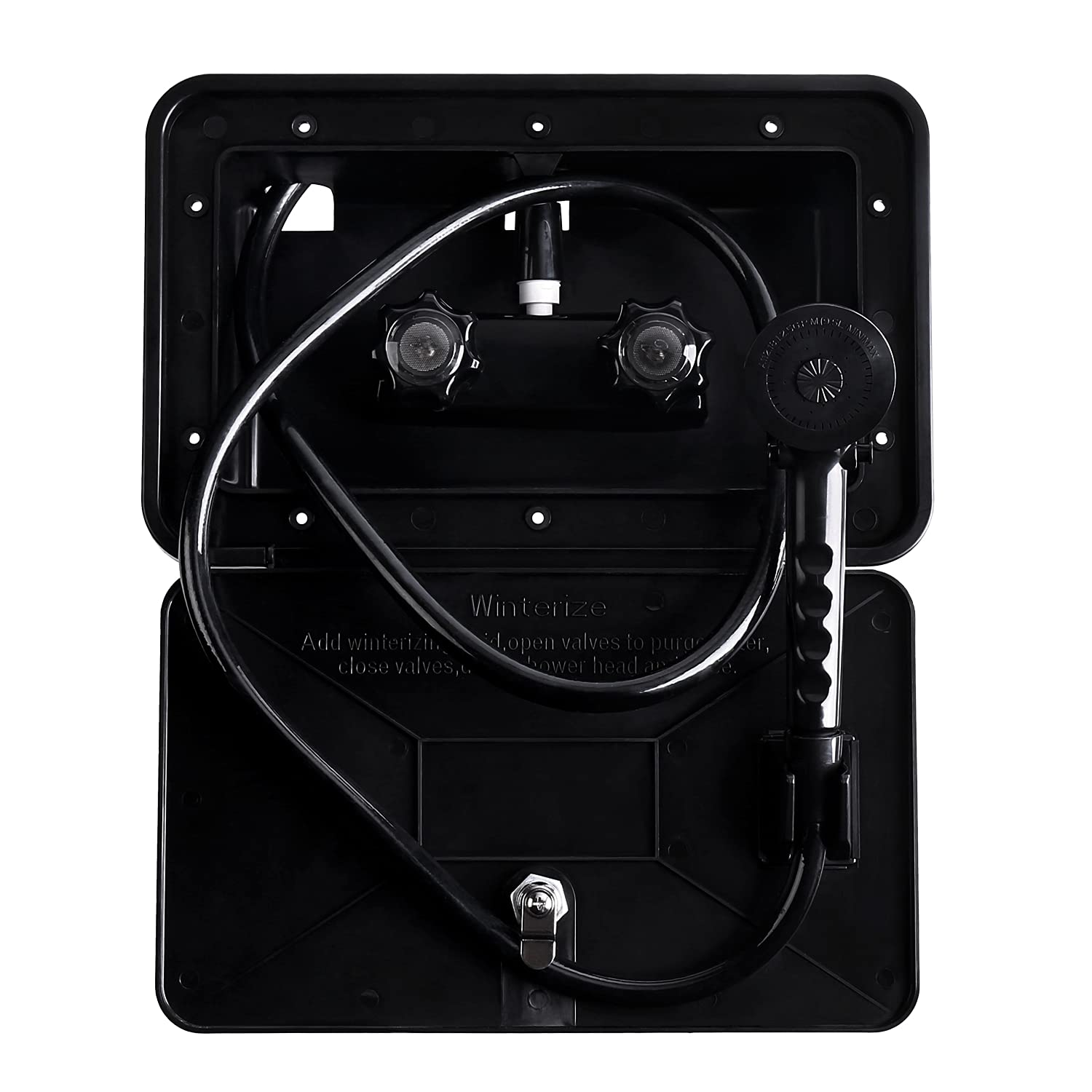 OYMOV exterior shower box front view showing secure lock and sleek finish for protection