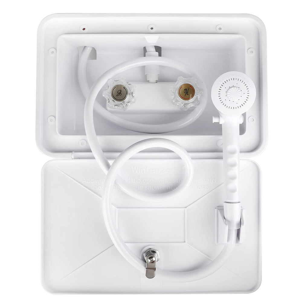 OYMOV exterior shower box front view showing secure enclosure and weather resistance