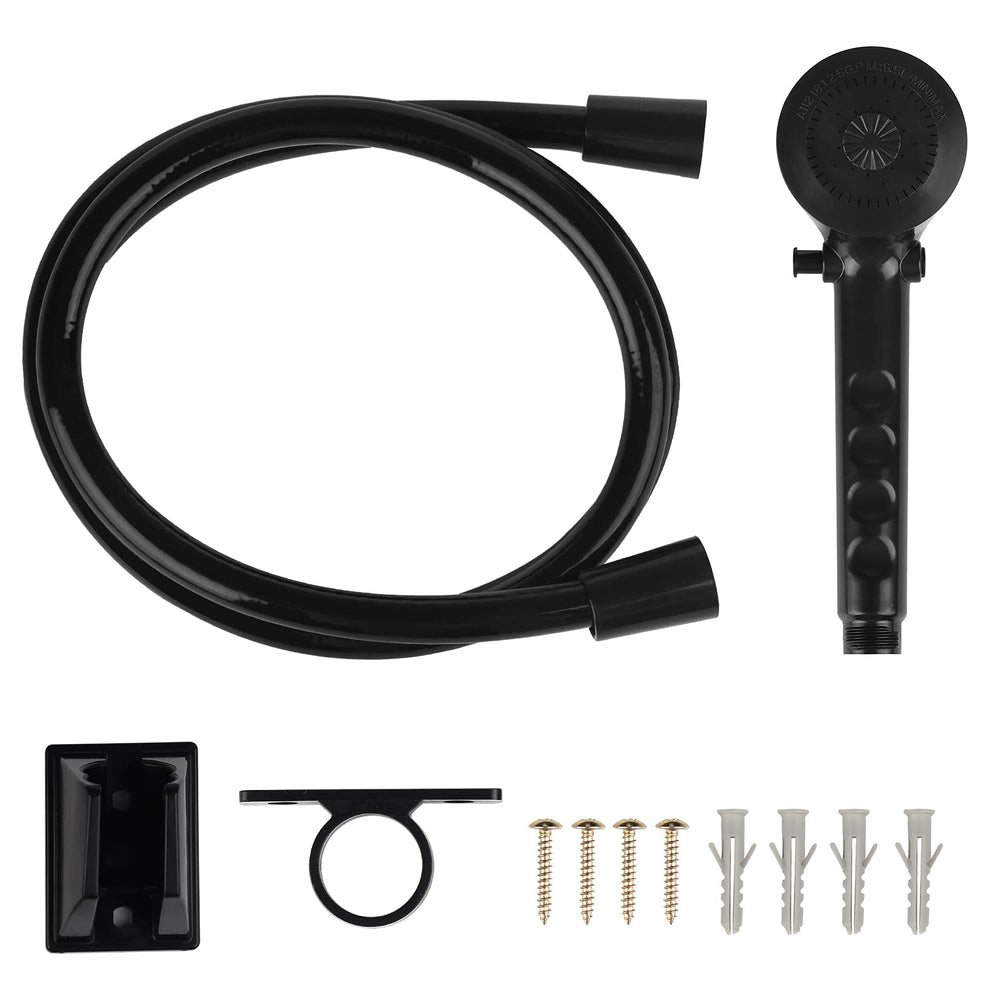 OYMOV handheld shower head closeup showing pause button for water saving
