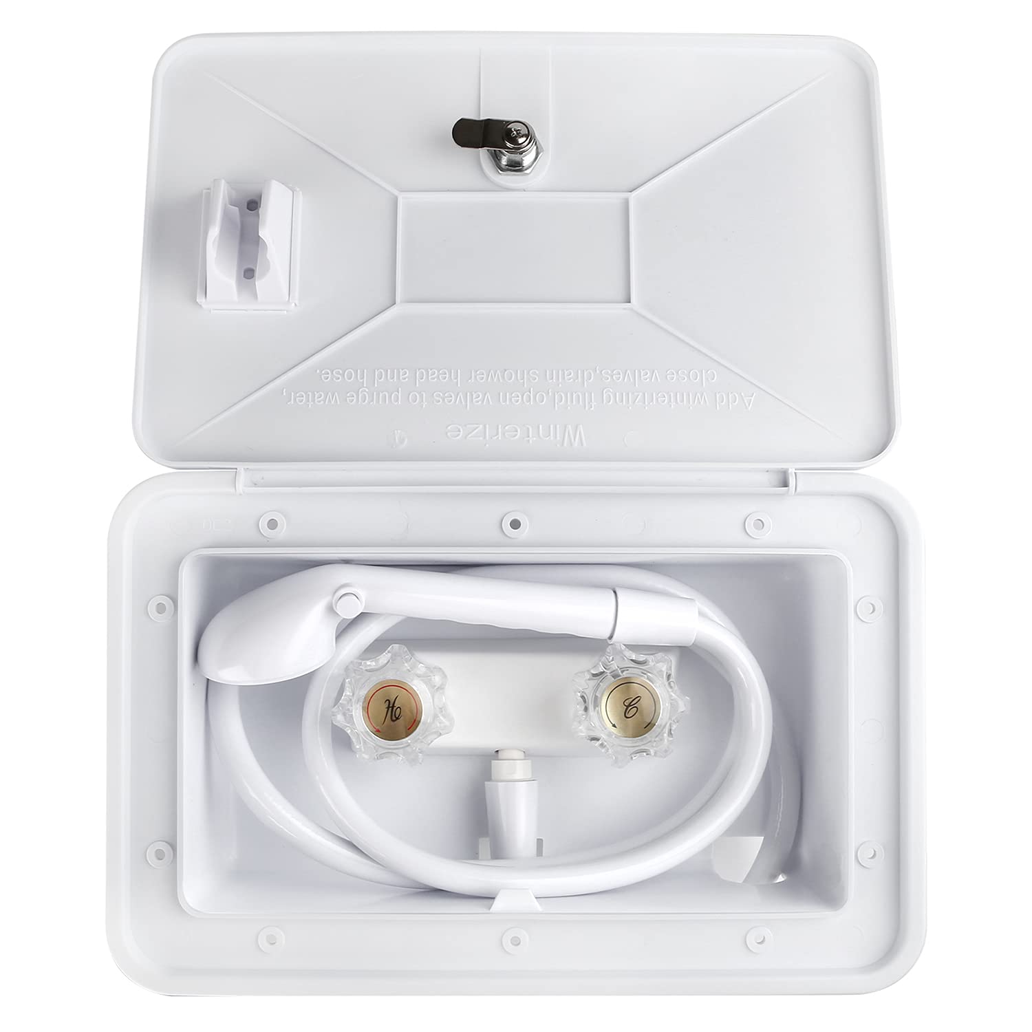 OYMOV shower box open revealing the faucet and neat interior for easy maintenance