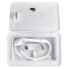 OYMOV shower box open revealing the faucet and neat interior for easy maintenance