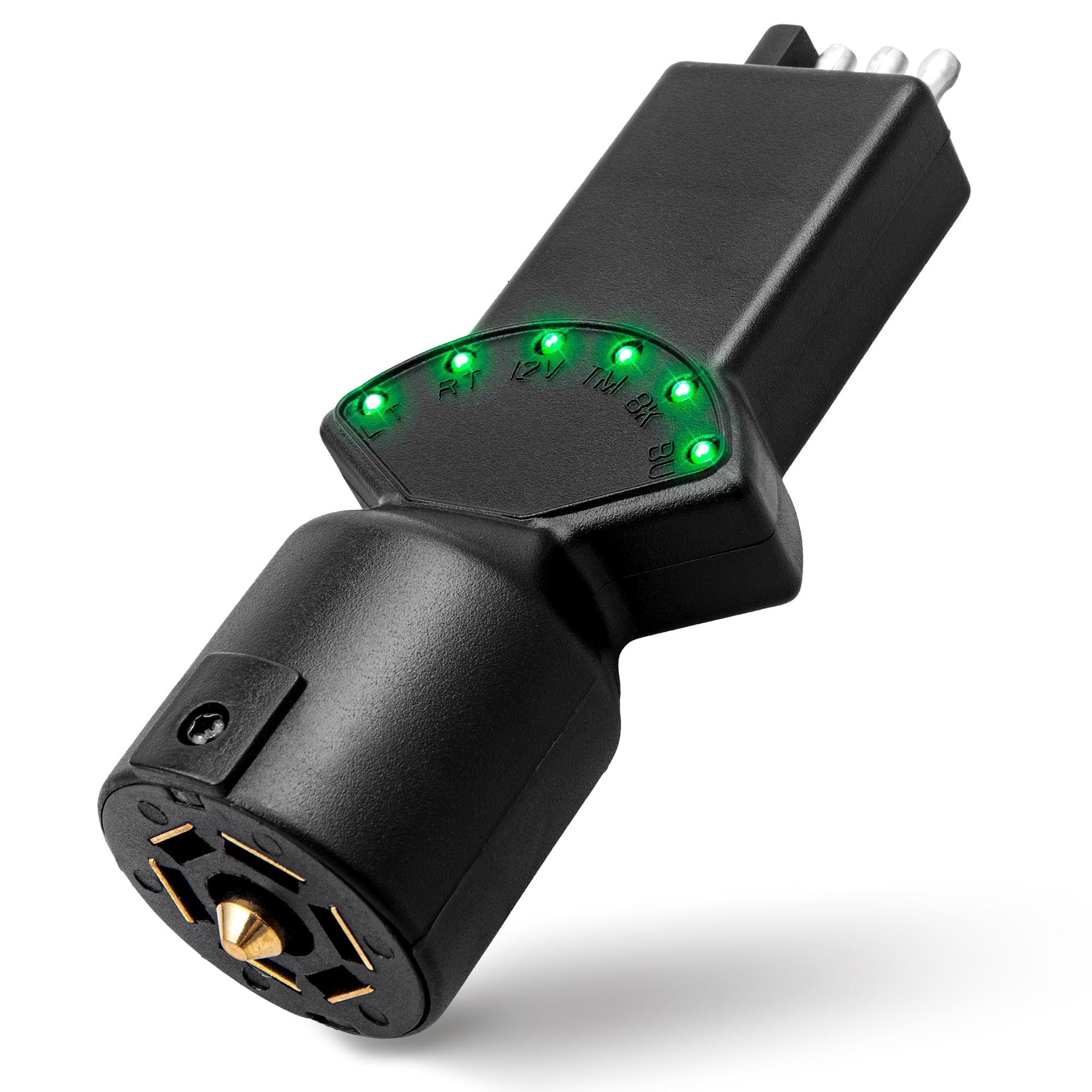 Oyviny front view of 7-blade and 4-pin tester showing sockets and LEDs for fast diagnostics
