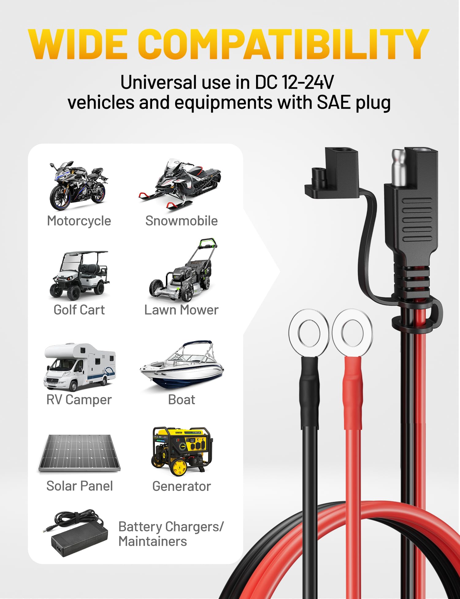 Oyviny harness connected to a motorcycle battery illustrating safe trickle-charging in use
