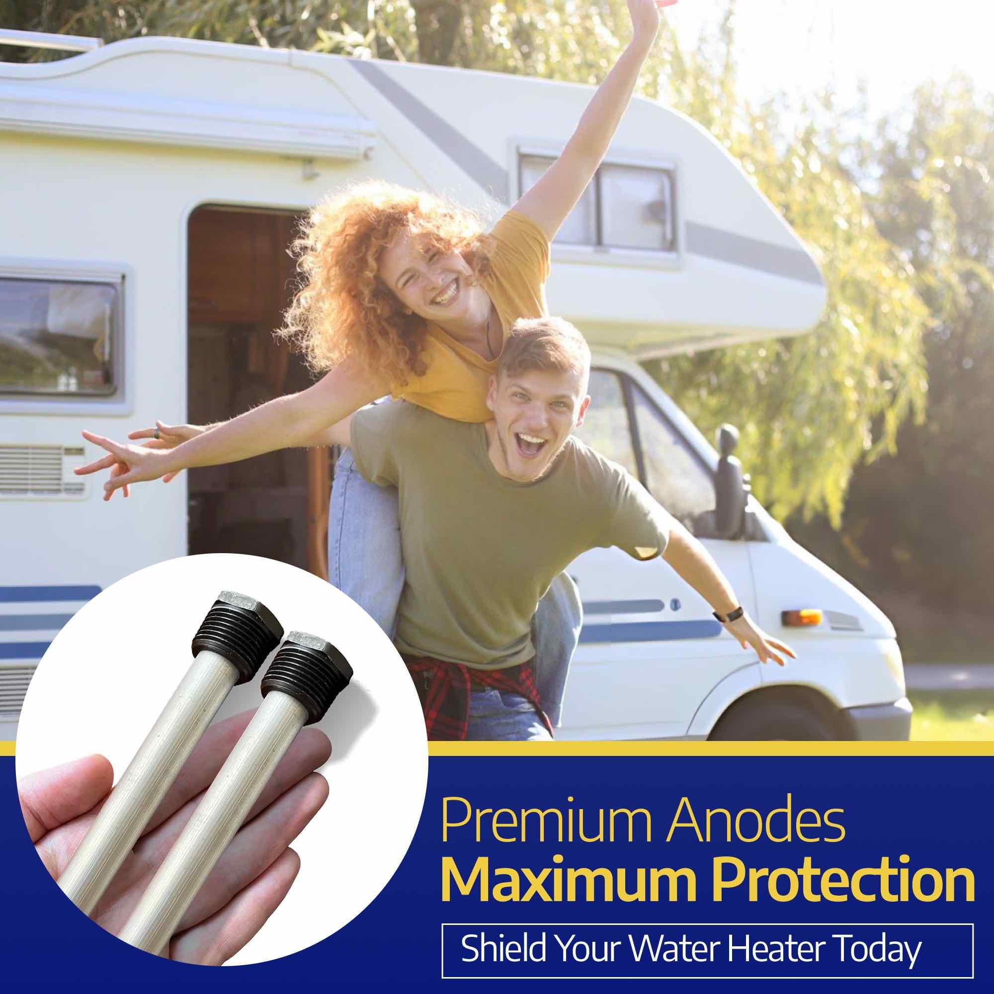 Ozek rod installed in RV water heater access port demonstrating fit