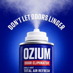 Ozium branded side label close-up highlighting usage instructions and reliability