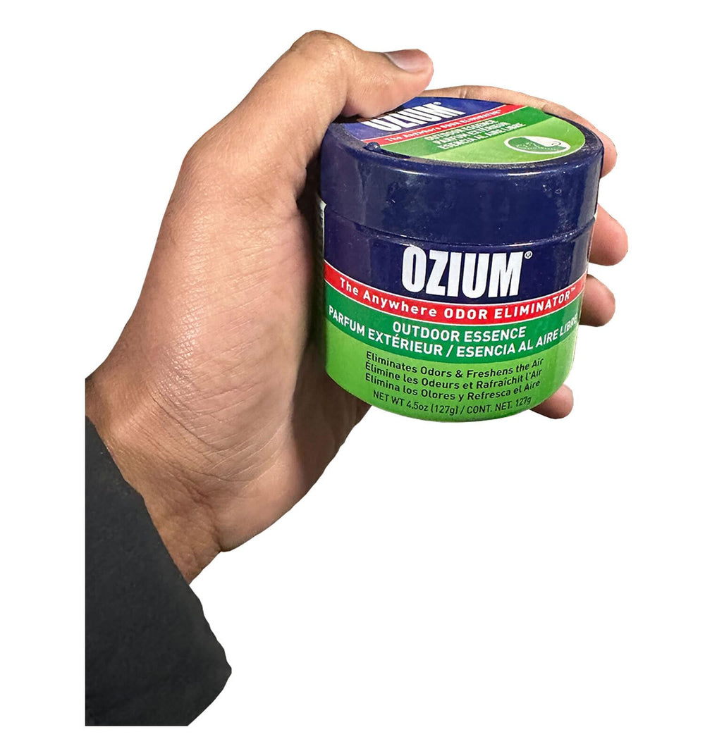 Ozium on closet shelf delivering fresh scent and mildew mitigation