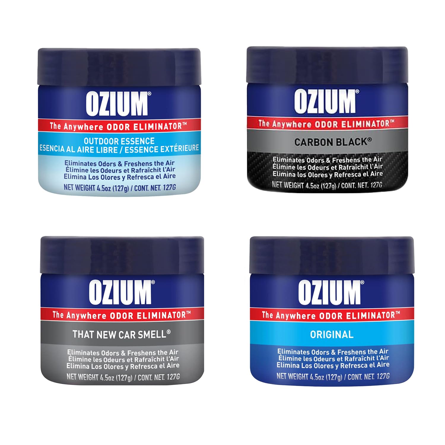 Ozium front packaging 4-pack showing variety for easy selection