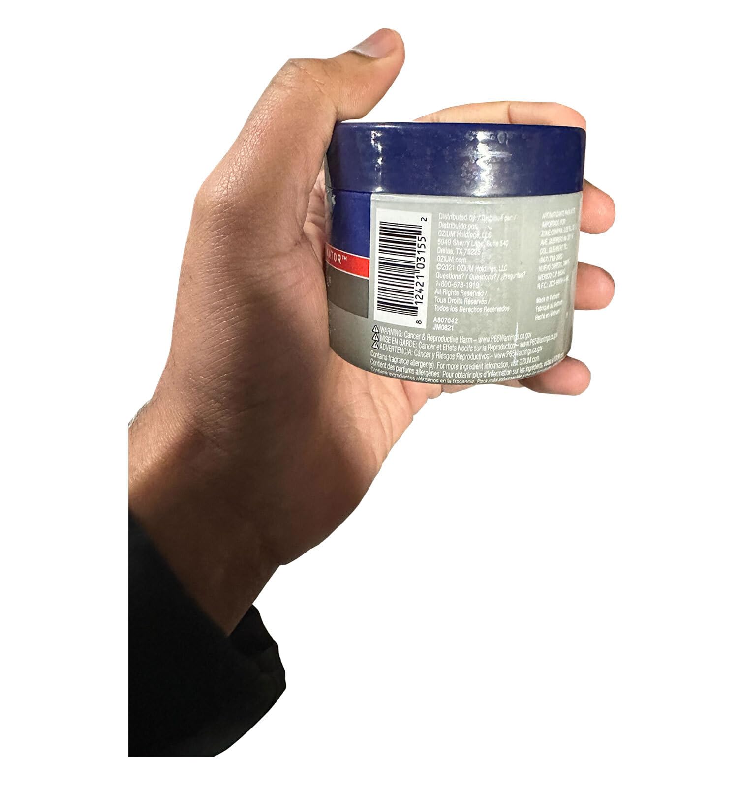 Ozium open jar showing gel texture and long-lasting release benefit