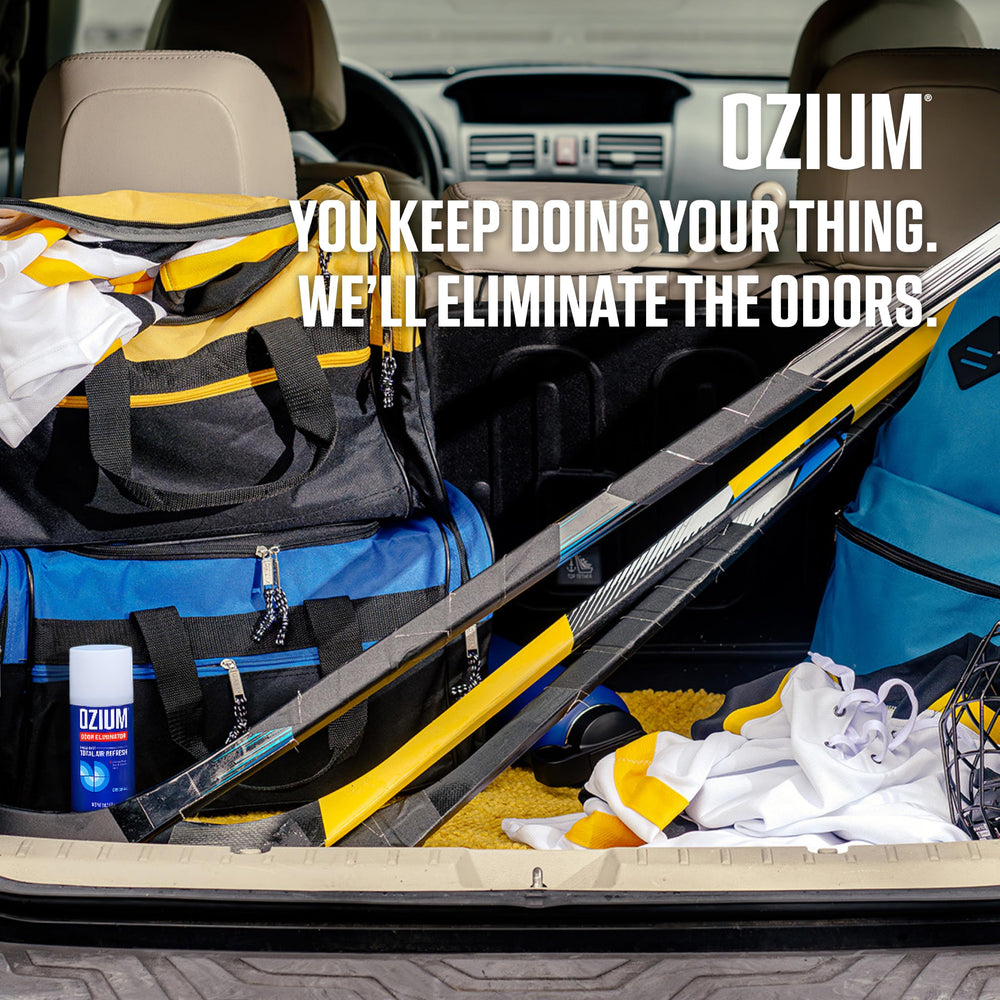 Before and after car interior comparison after Ozium treatment showing refreshed cabin