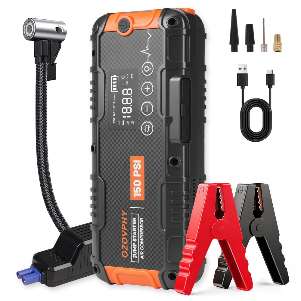Ozovphy front view showing compact jump starter and air compressor benefits quick starts