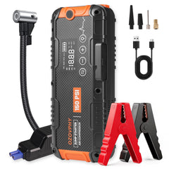 Ozovphy front view showing compact jump starter and air compressor benefits quick starts