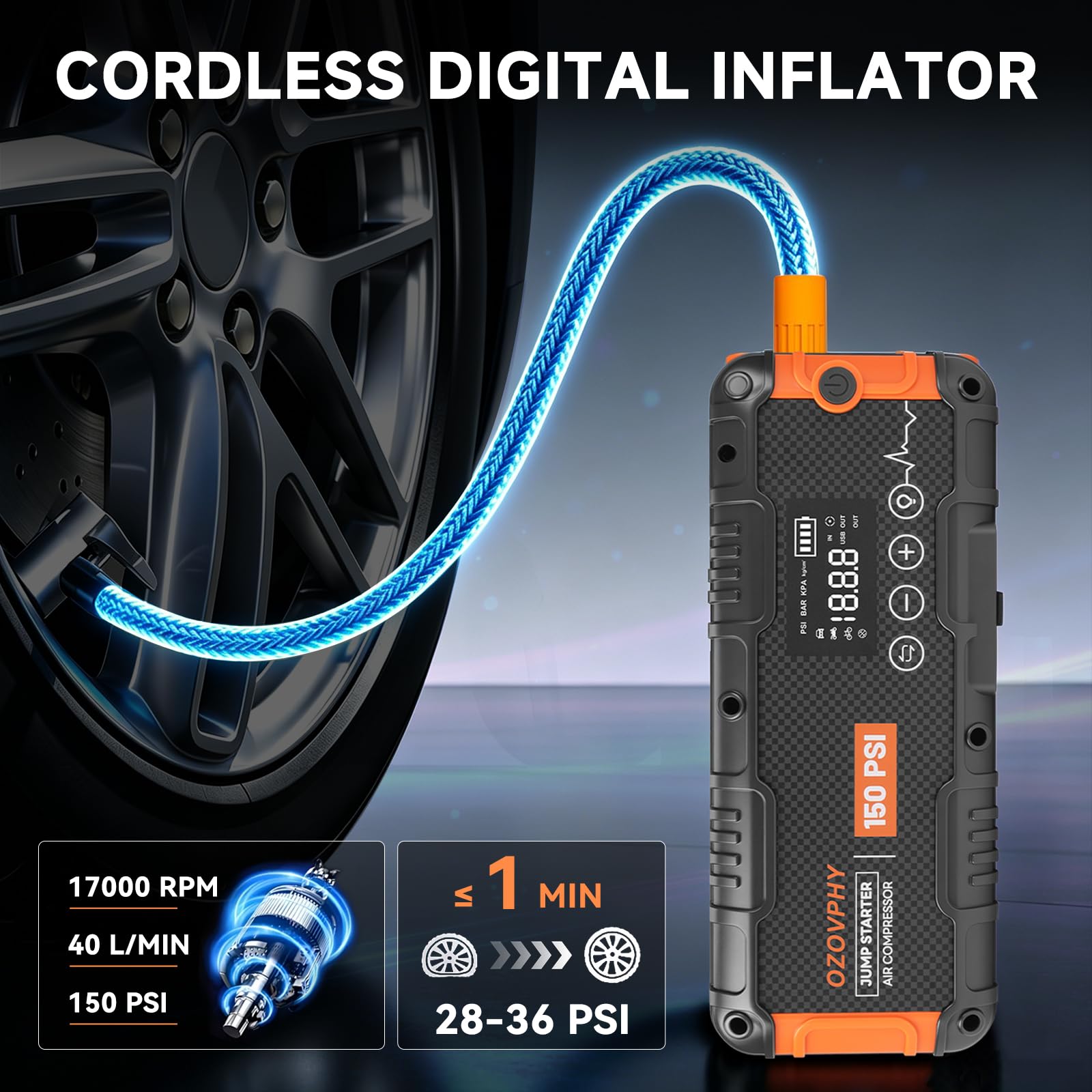 Ozovphy inflator LCD display showing real-time pressure for accurate inflation