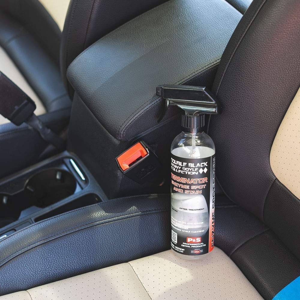 P & S Terminator detailer using on car seat displaying professional spot treatment benefit