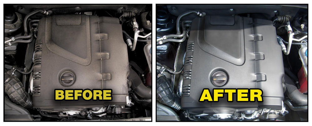 P21S sprayer in use on engine bay, targeted cleaning action removes grease