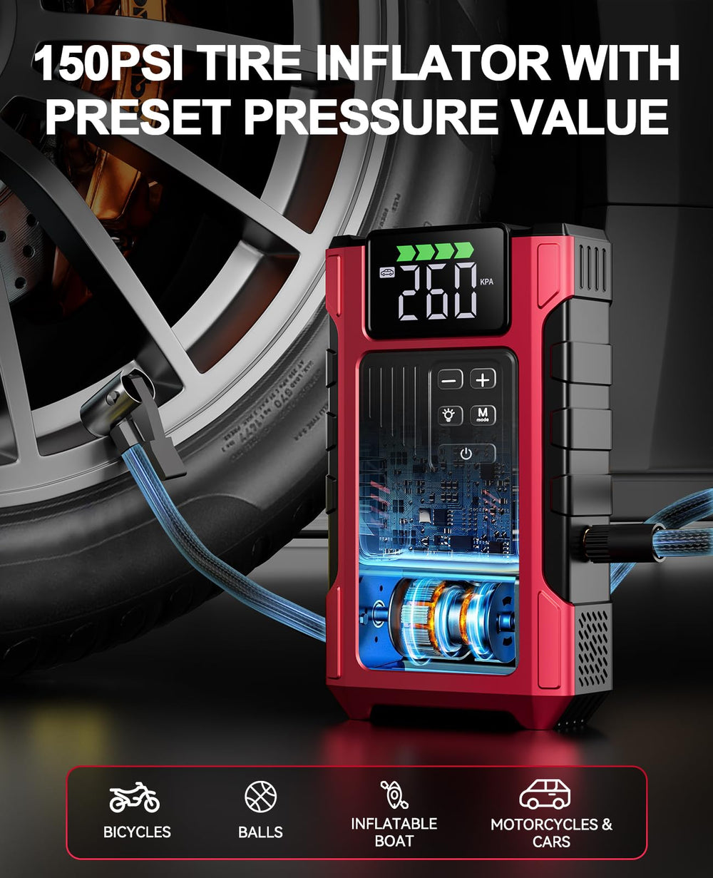 Pabulum built-in air compressor close-up showing 150PSI gauge for quick tire inflation