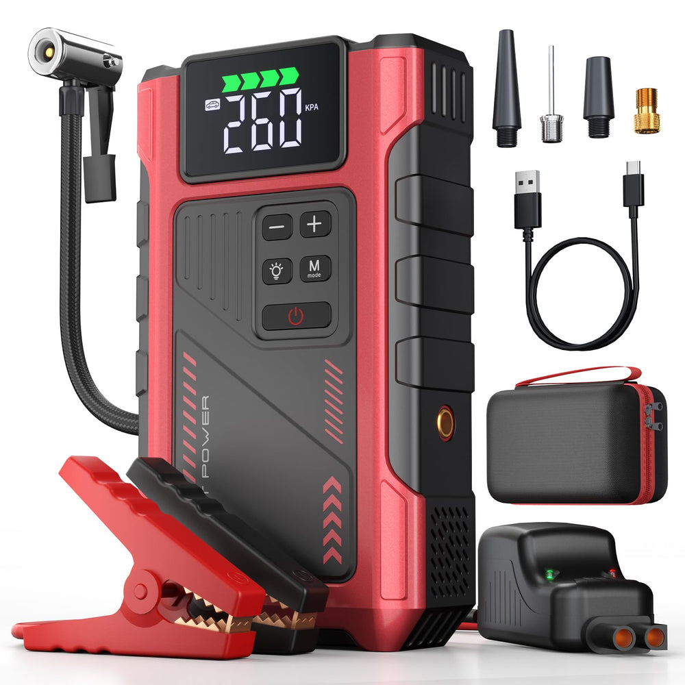 Pabulum front packaging showing compact jump starter and included accessories for emergency readiness
