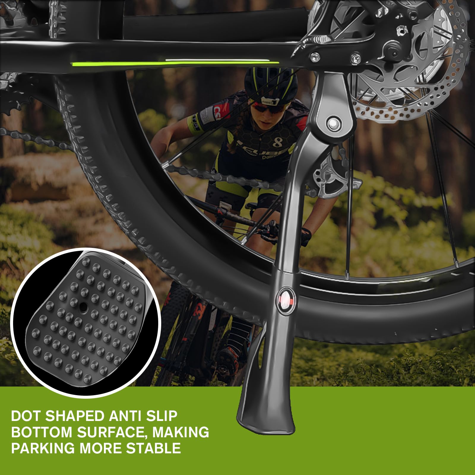 Pacify kickstand installed on a mountain bike demonstrating secure rear-mount fit and balance