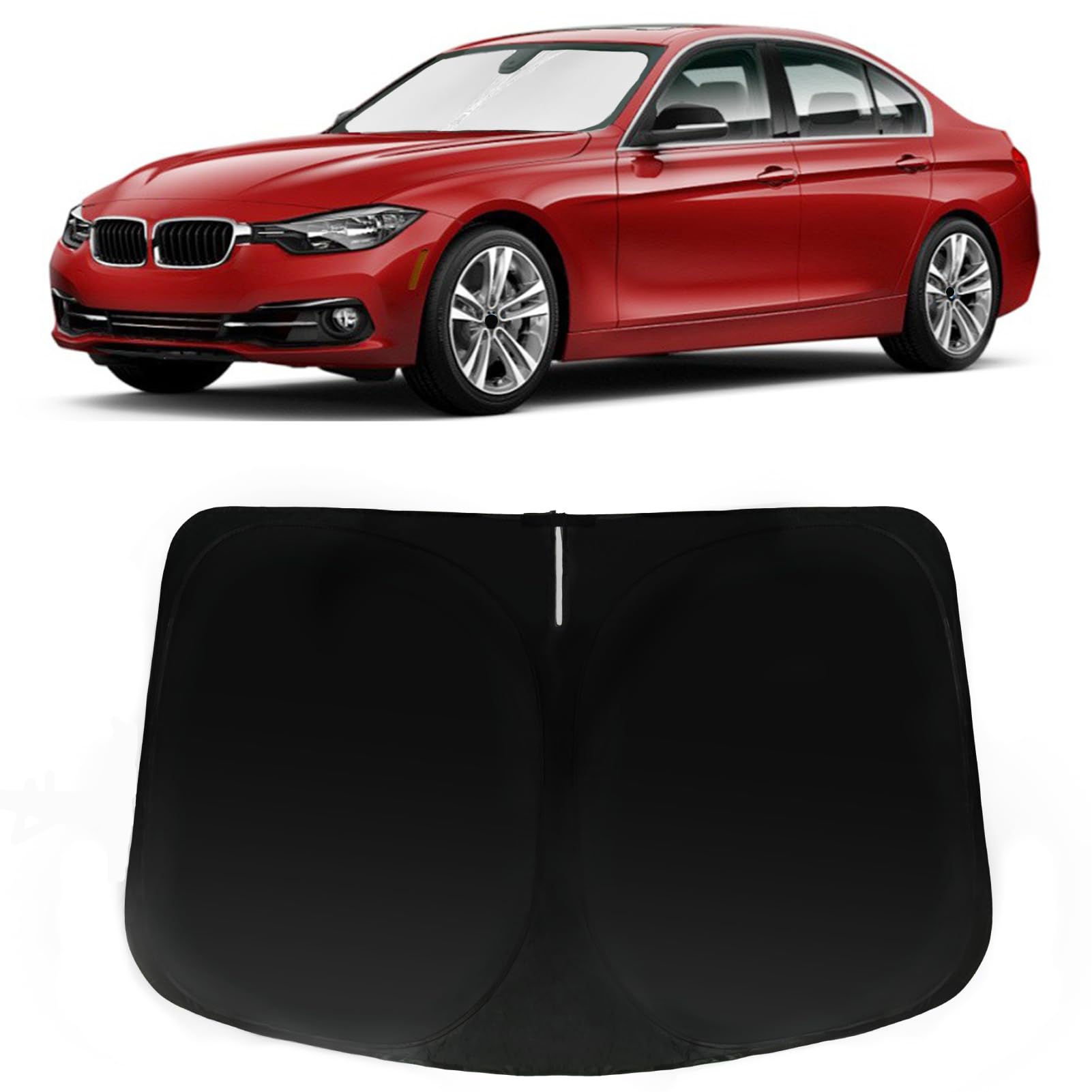 PAIMOHO front view showing custom fit on BMW windshield, keeps cabin cooler