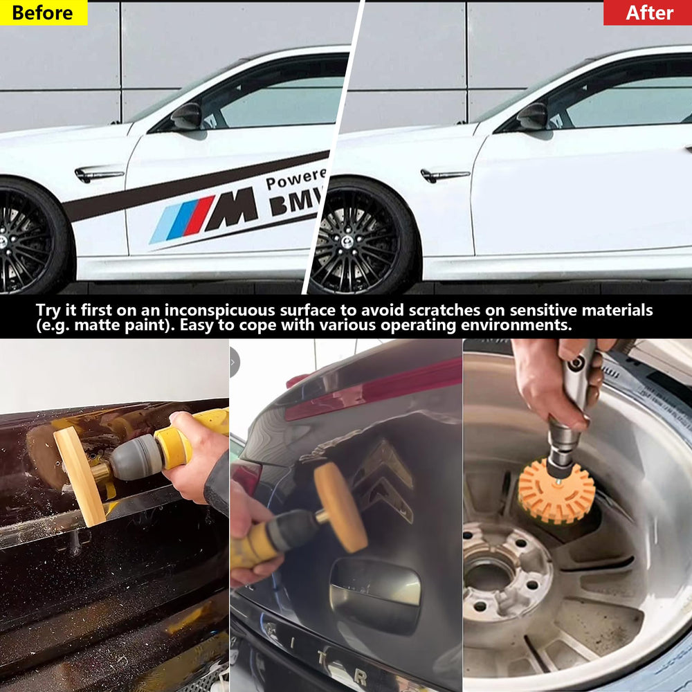 Pakeed wheel in use removing a car decal demonstrating efficient adhesive removal without aggressive scraping