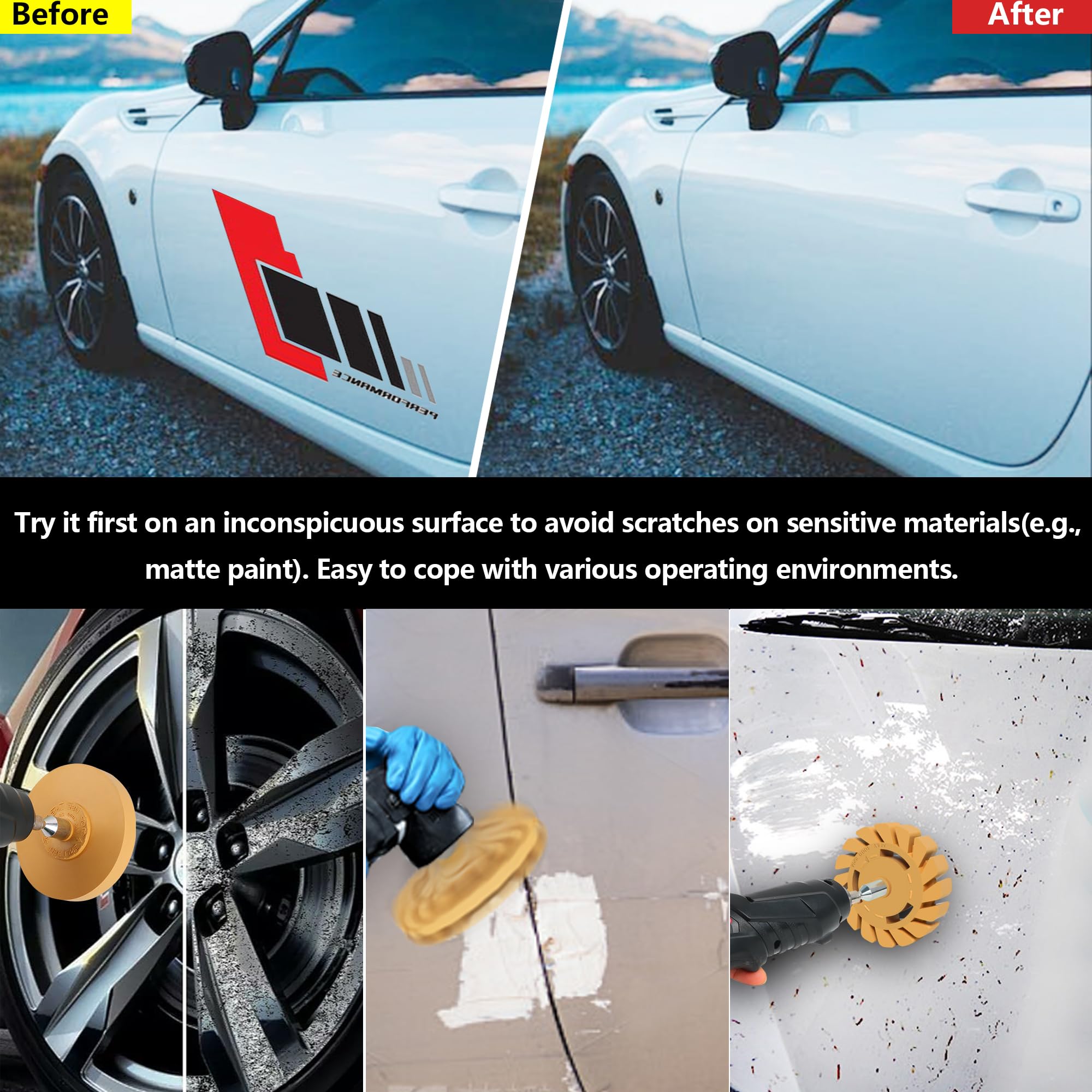 Pakeed eraser wheel attached to drill in use demonstrating safe, fast adhesive removal on vehicle surface