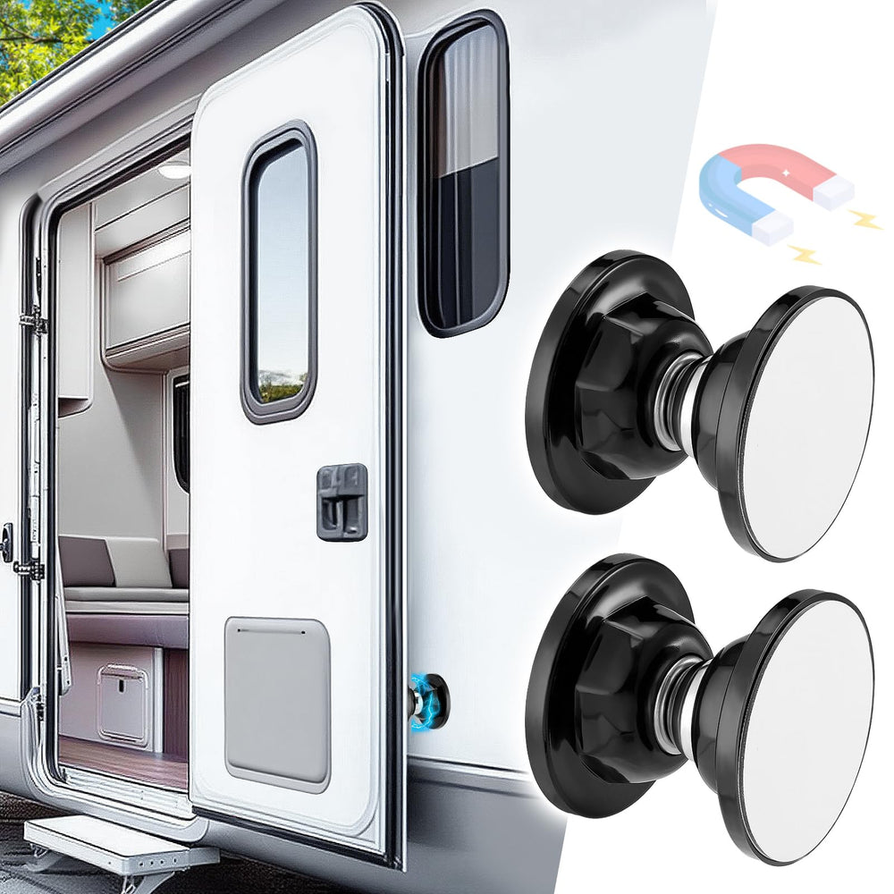 PAMASE front packaging showing two magnetic RV door holders and contents for quick install