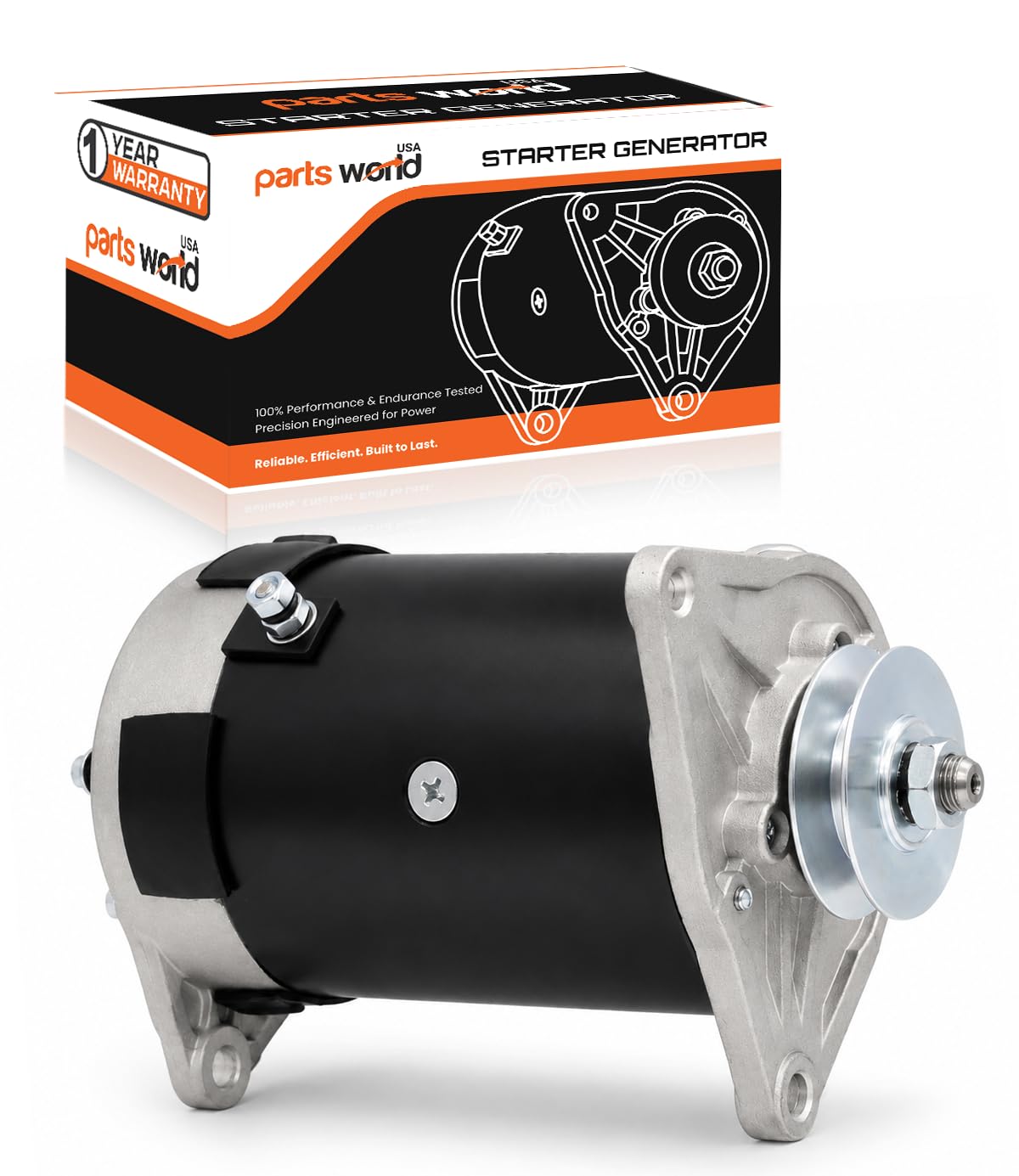 Parts World USA front view of starter generator showing housing and mounting points, ensures correct fit