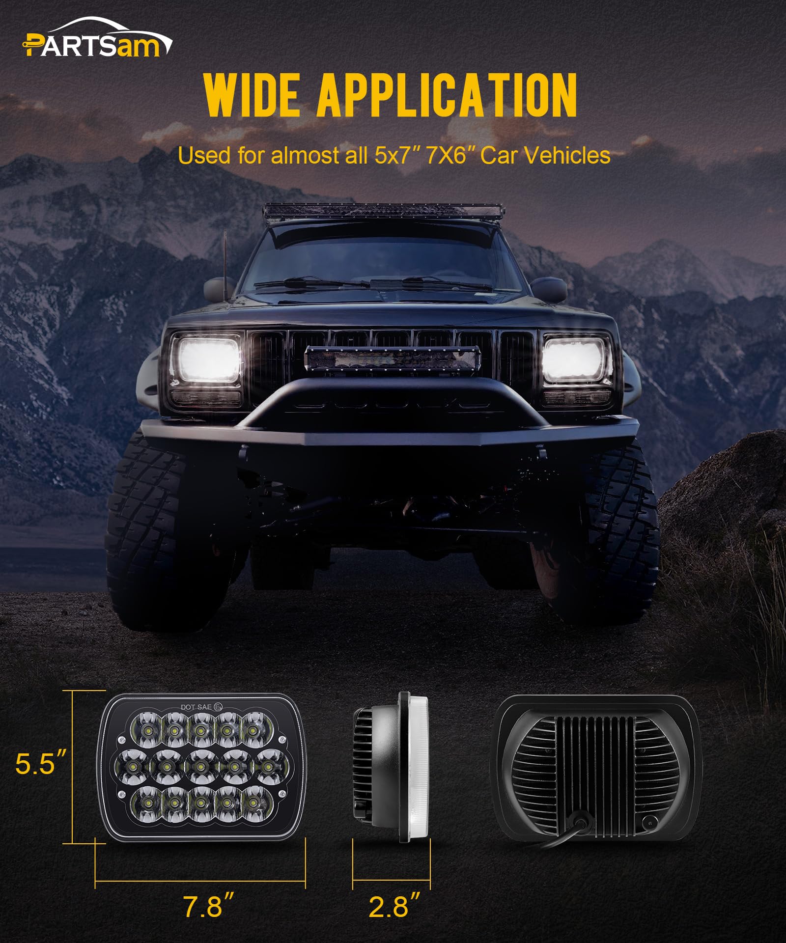 Partsam retail box with two headlamps displayed for easy unboxing